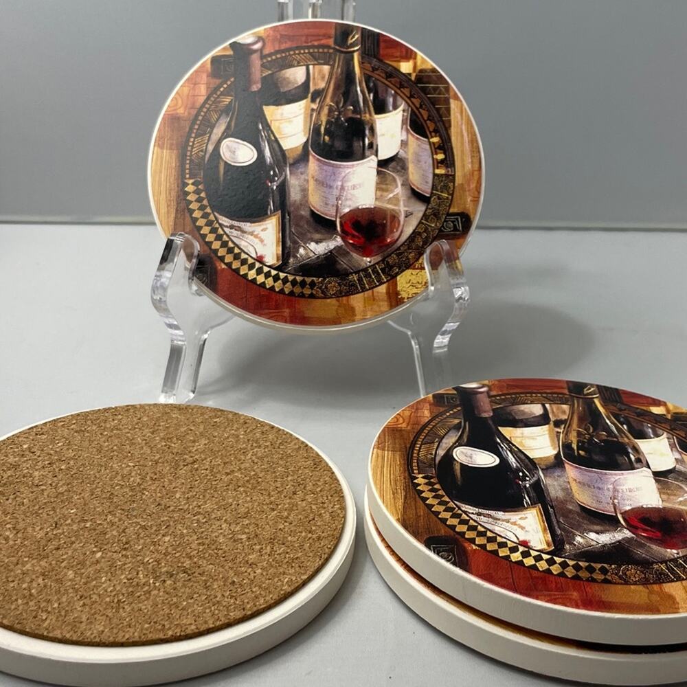 NEW 4 Wine Coasters, Absorbent Stone with‎ Corked Back NIB